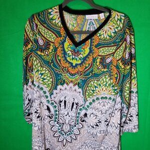 Susan Graver Womens Medium Multicolor Geometric Print Liquid Knit Boho Blouse